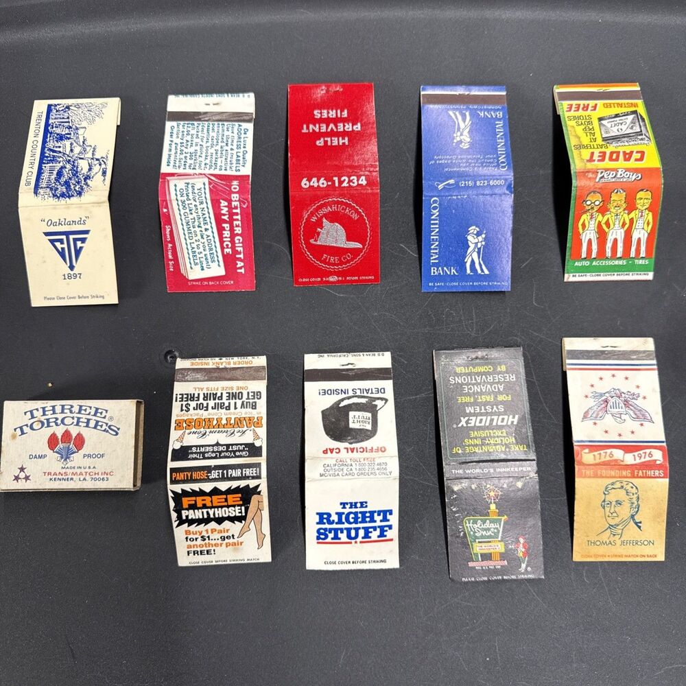 Set of 10 Vintage Matchbooks - Advertising Bank Pep Boys bicentennial fire co.
